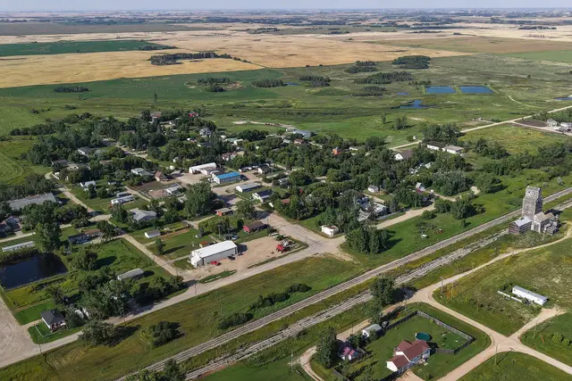 Aerial view of the village and railway